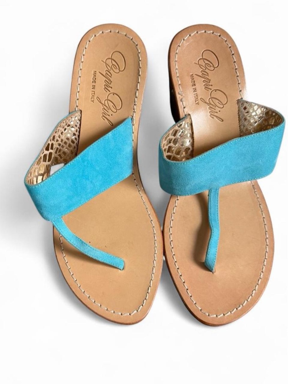Capri Girl Turquoise Suede genuine leather Toe-Post Sandals